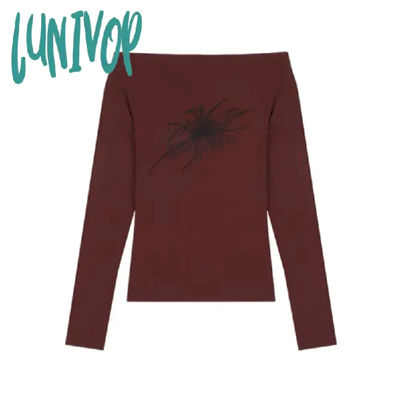 Lunivop Goth Spider Print Grunge T Shirts Women Long Sleeve Off Shoulder Y2k Vintage Crop Top Streetwear Korean Style Tee Shirt