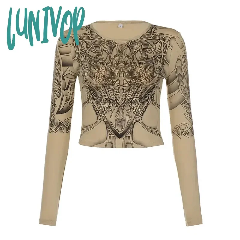 Lunivop Gothic Retro Mechanical Printed Long Sleeve T-shirt Autumn Women Y2K Sexy Slim Full Sleeve Pullovers Emo Grunge Punk Crop Top