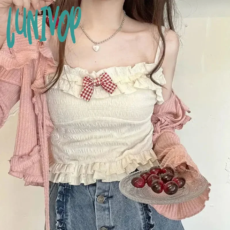 Lunivop Kawaii Candy Color Crop Top Women Japanese Lolita Sweet Tank Top Boe Ruffle Short Tee Shirt All Match Cute Tops Summer