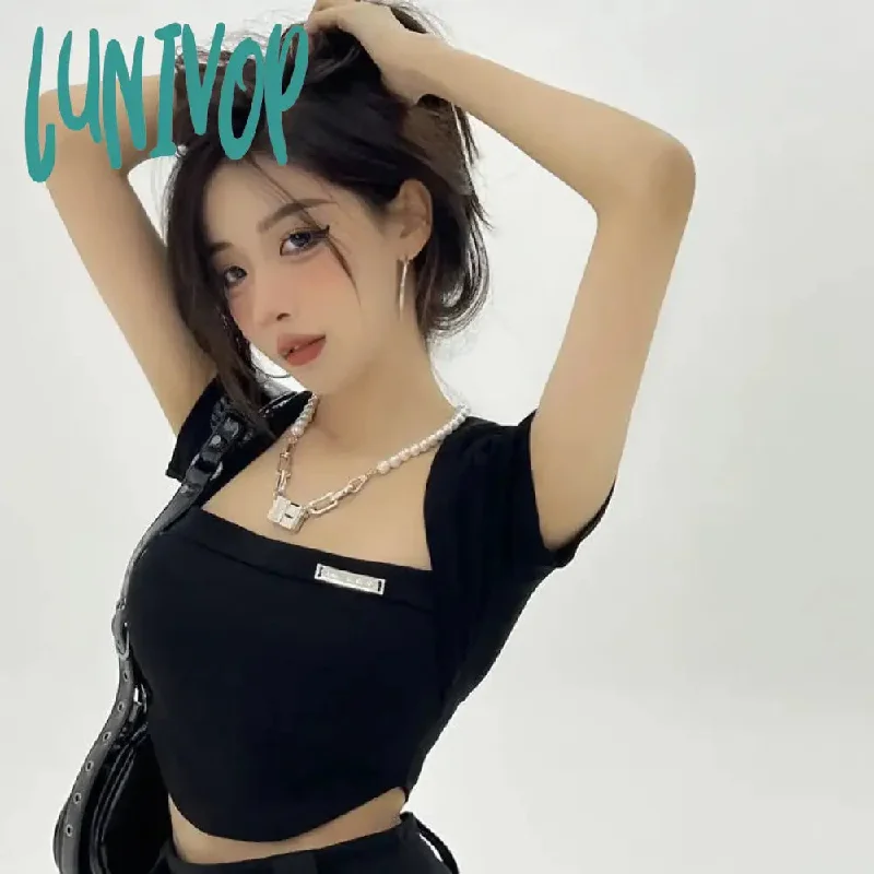 Lunivop Korean Streetwear Tshirts Women Sexy Solid Slim Crop Tops Female Basic Y2k Harajuku Shirts Square Collar Tees Summer