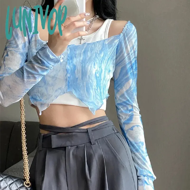 Lunivop Sexy Korean Streetwear Crop T Shirts Women Tie Dye Mesh Crop Tops Female Aesthetic Blue Thin See Through Clothes Summer