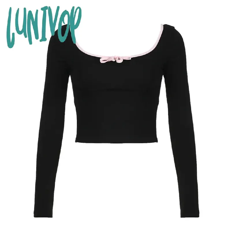 Lunivop Sexy Vintage Lace Trim Bow Knitted Tees Women Y2K Long Sleeve Slim T Shirt Fairy Grunge Harajuku 90s Cropped Tops Female Tees