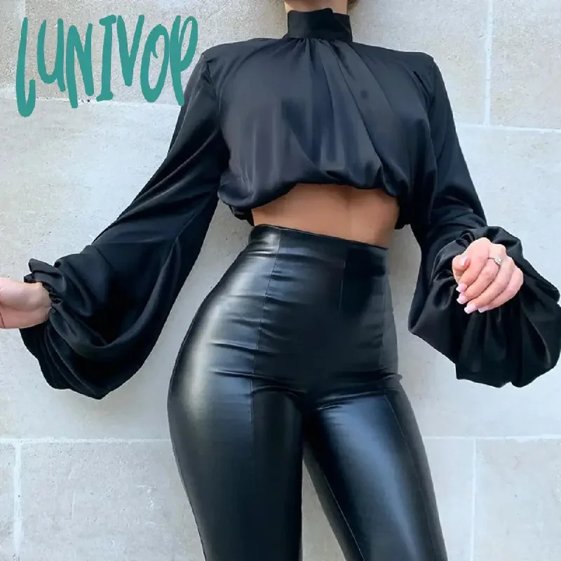 Lunivop Sexy Women Lantern Sleeve Crop Top Elasticity Waist High Collar Long Sleeve Short Tees Black Leather Short Skirts Ladies Clothes