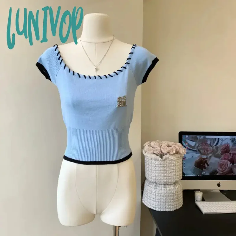 Lunivop Summer Short Sleeve T-shirts Sexy Slim Y2k Crop Top Korean Style Off-shoulder Backless Tees Women Chic Knitted Retro Tshirt