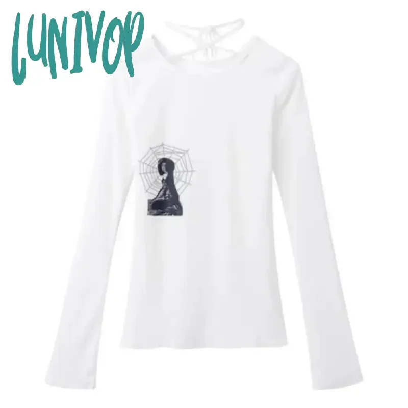 Lunivop Vintage Grunge Long Sleeve T Shirts Women Aesthetic Y2k Streetwear Crop Tops Female 2000s Halter Graphic Tshirts Autumn