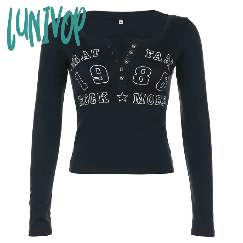 Lunivop Vintage Letter Print T-shirt Casual Basics Slim Long Sleeve T-shirts Grunge Y2K Aesthetic Autumn Button Patchwork Tee Shirt