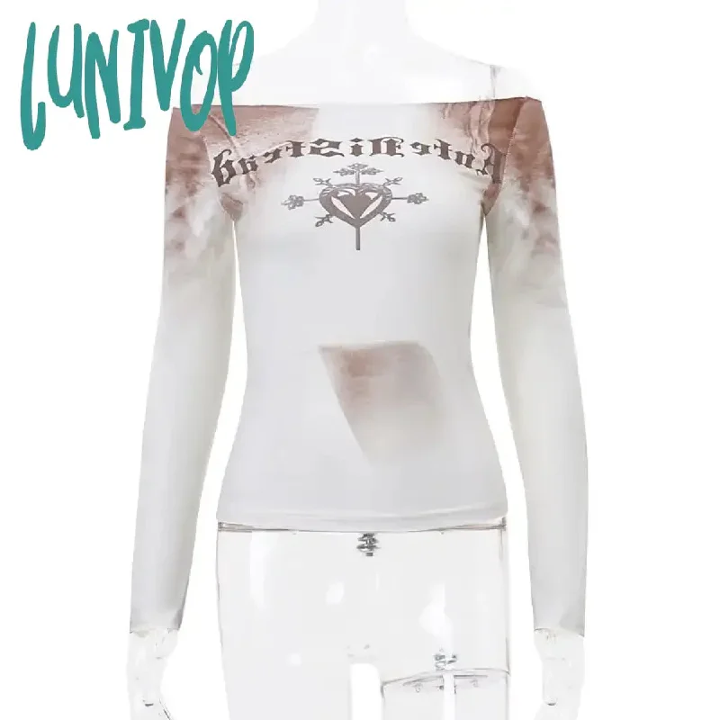 Lunivop Vintage Off Shoulder T Shirts Women Harajuku Fashion Goth Grunge Graphic Crop Tops Trashy Y2k Coquette Long Sleeve Tees