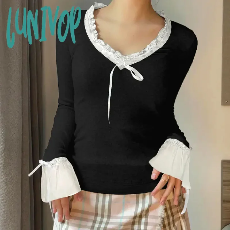 Lunivop Woman Knit T-Shirts Crop V Neck Top Long Sleeve Bow Patchwork Cozy Korean Kawaii Sweet Sexy Hot Gyaru All-match Tight Bodycon