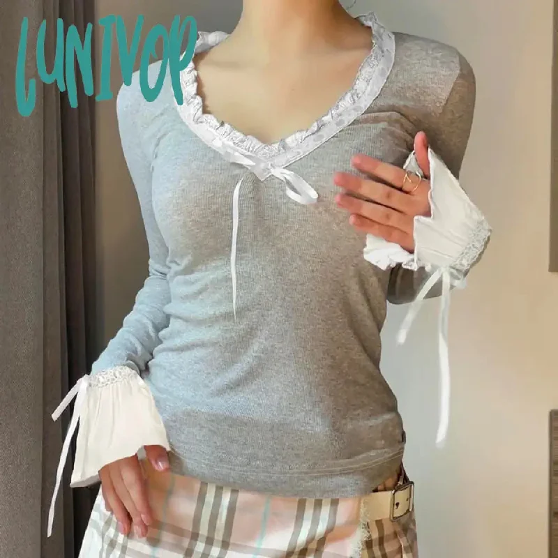 Lunivop Woman Knit T-Shirts Crop V Neck Top Long Sleeve Bow Patchwork Cozy Korean Kawaii Sweet Sexy Hot Gyaru All-match Tight Bodycon