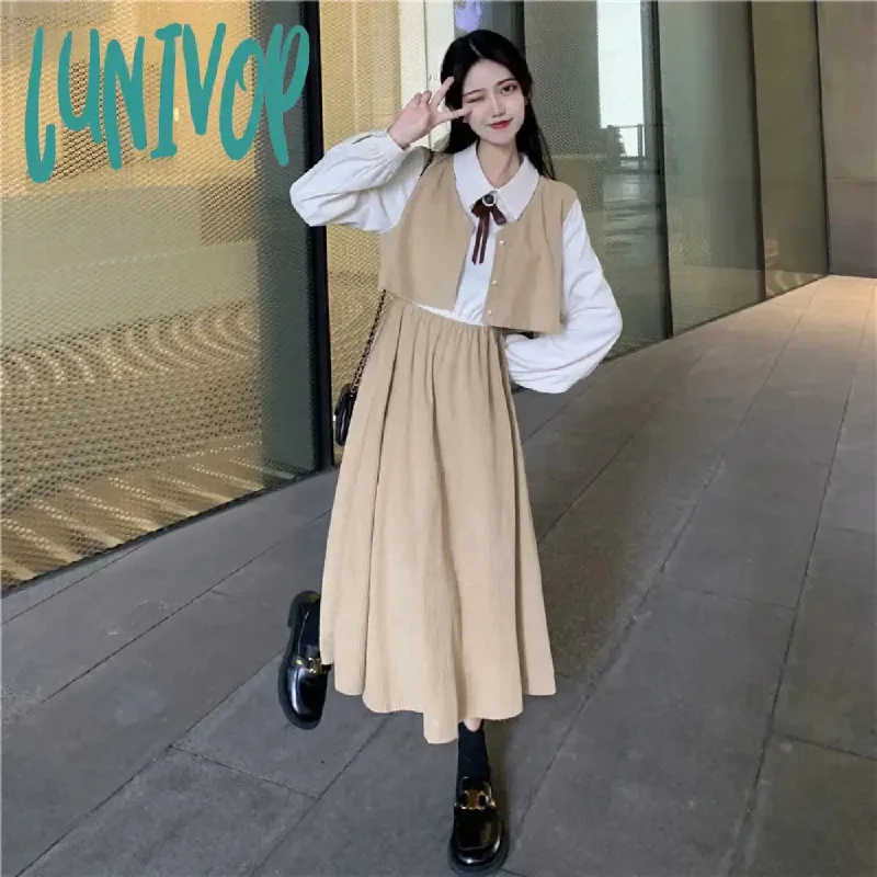 Lunivop Women Dress Long Sleeve Elegant Patchwork One-Piece Preppy Style New Korean Fashion Office Ladies Polo Collar Girls Autumn Dress