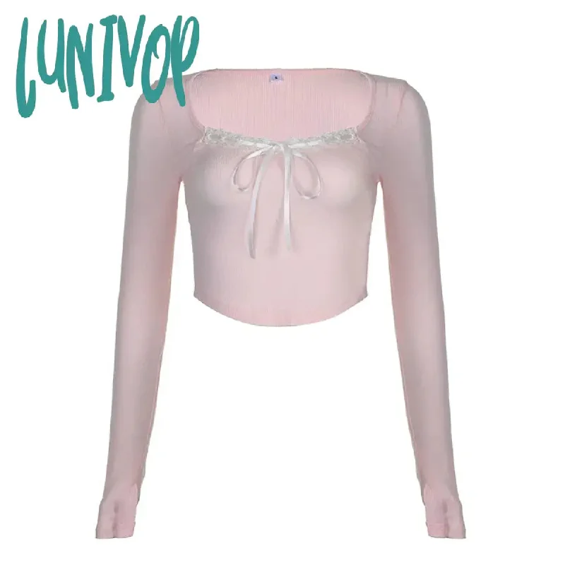 Lunivop Y2K Lace Bowknot Ribbons Lace-up Cropped Top Vintage Women Korean Fashion Basic Knitted Tops Coquette Aesthetic Slim-fit Tees