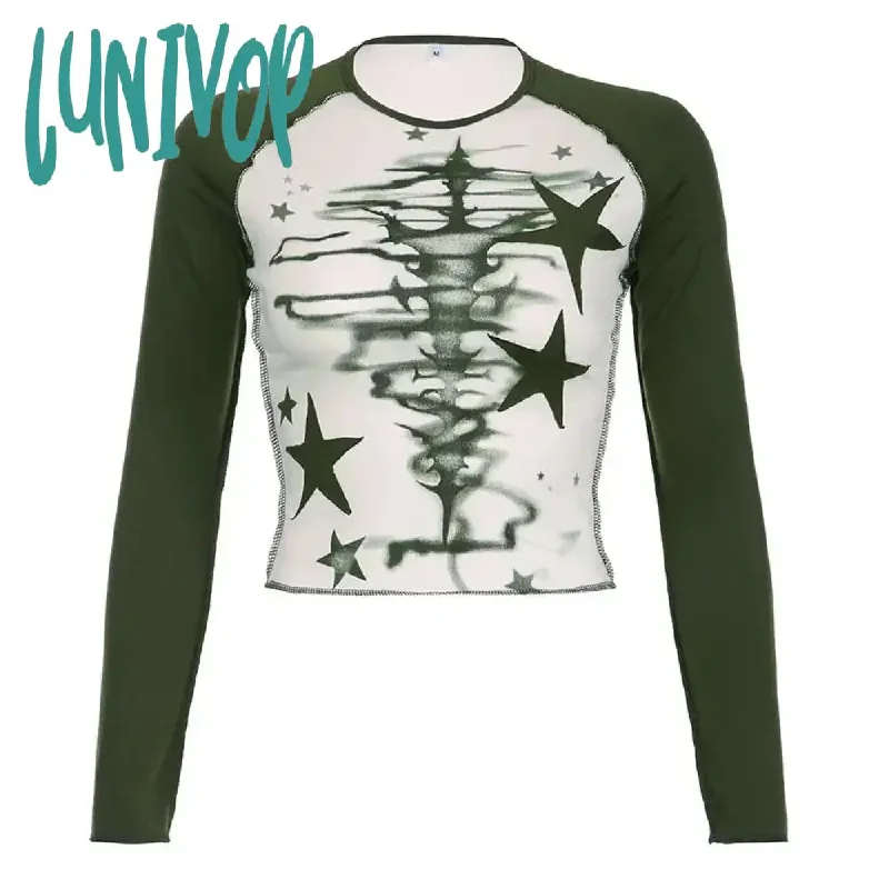 Lunivop  Y2k Star Graphic Print T Shirts Women Vintage Trashy 2000s Grunge Crop Tops Streetwear Casual Long Sleeve Tees Spring