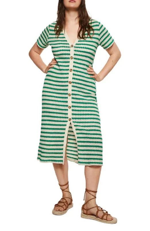 Mango Stripe Button-up Midi Dress - Green. UK Small