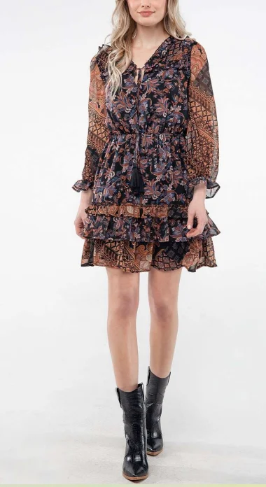 Miss Me Chiffon Paisley Print Long Sleeve Dress