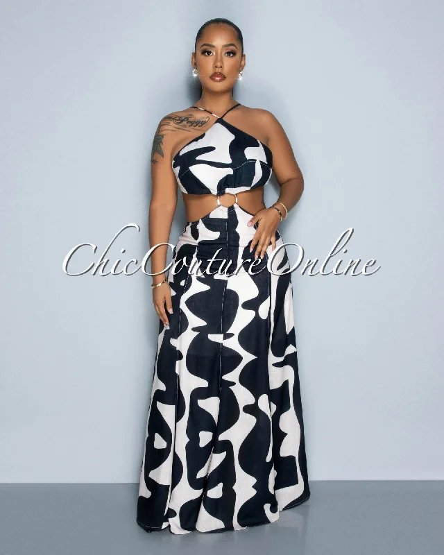 Perine Black Cream Print ""O"" Ring Cut-Out Maxi Dress