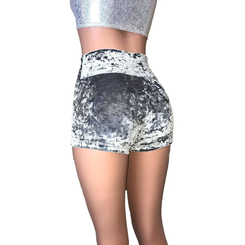 High Waisted Booty Shorts - Silver Gray Crushed Velvet