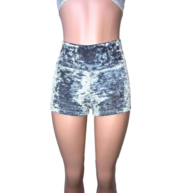 High Waisted Booty Shorts - Silver Gray Crushed Velvet