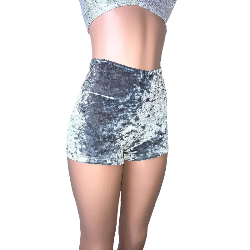 High Waisted Booty Shorts - Silver Gray Crushed Velvet