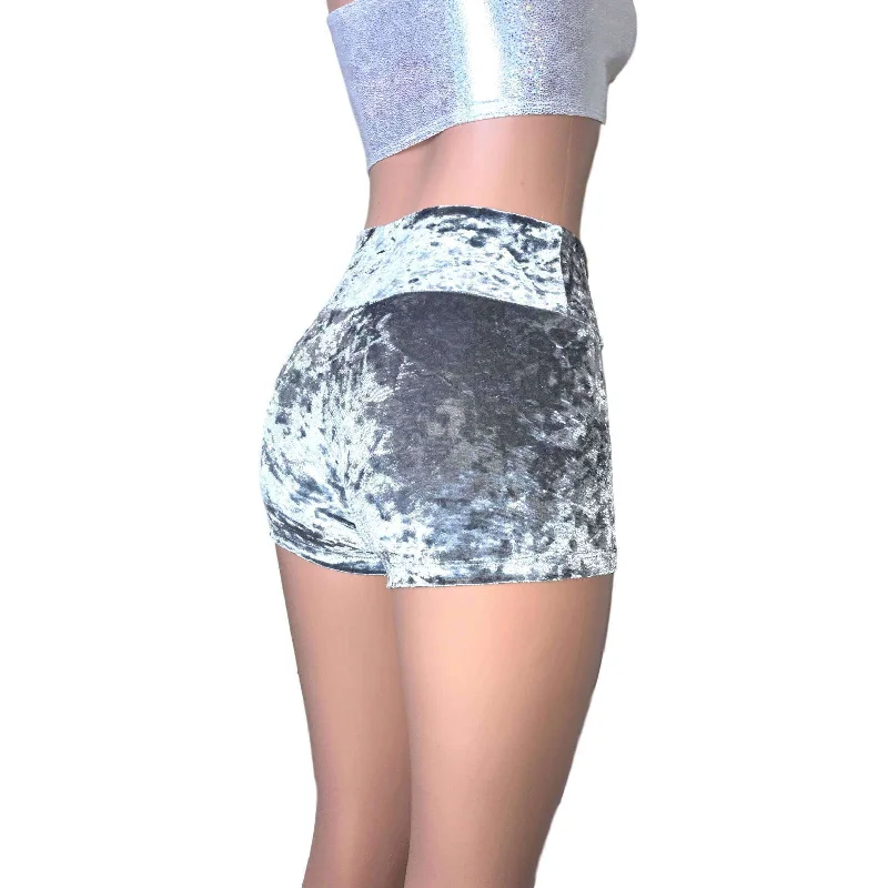 High Waisted Booty Shorts - Silver Gray Crushed Velvet