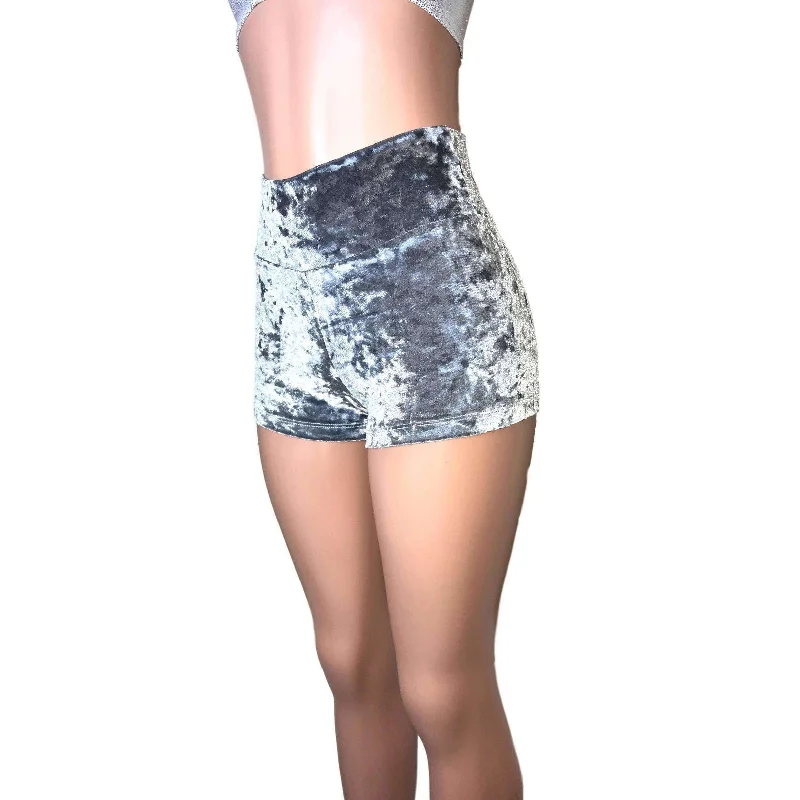 High Waisted Booty Shorts - Silver Gray Crushed Velvet