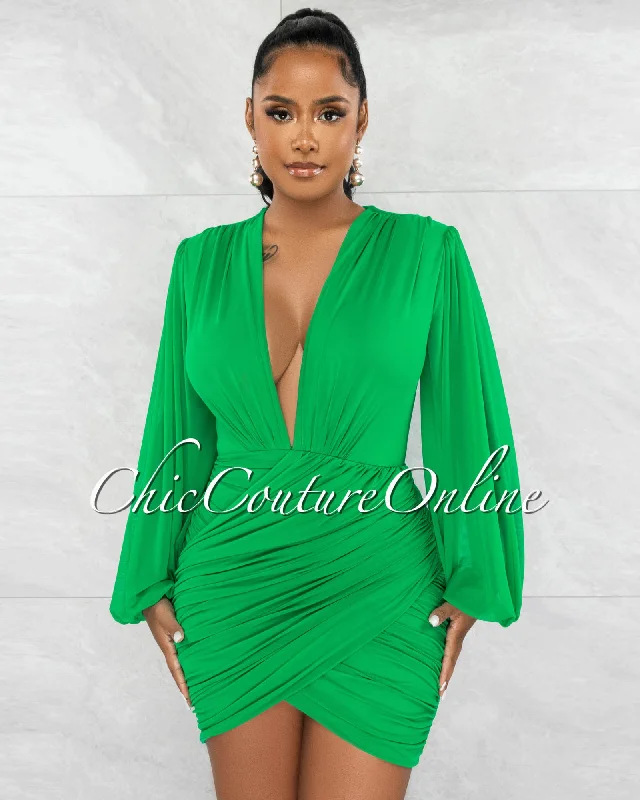 Stephen Green Deep-V Mesh Ruched Dress