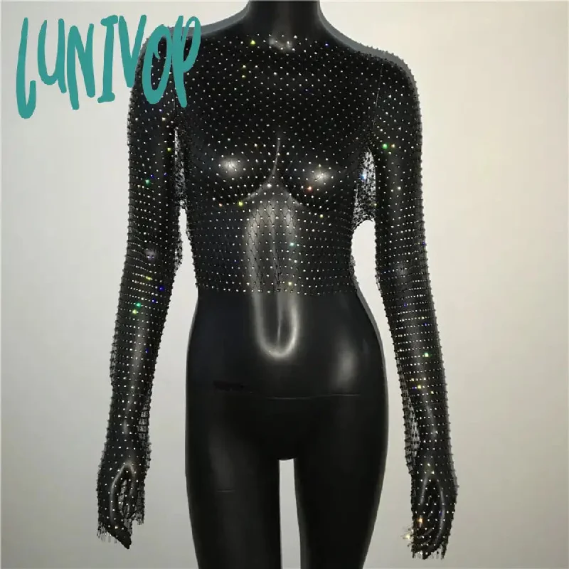 Lunivop Women Sexy Mesh See Through T Shirt Shiny Rhinestone Fishnet Hollow Out Crop Top Long Sleeve Beach Cover Up Party Club Tank Tops