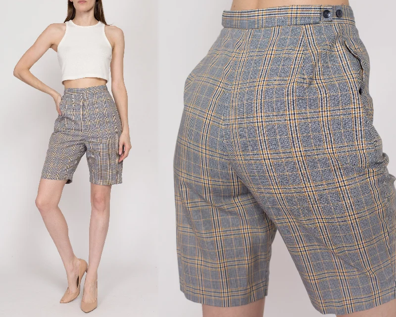 XS 60s Blue & Yellow Plaid High Waisted Shorts 23""-25""