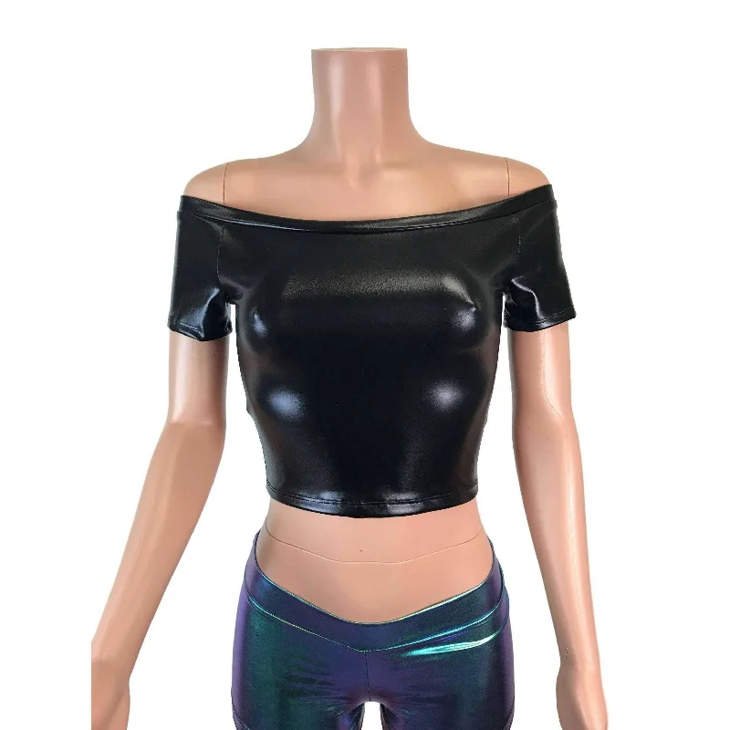 Cold Shoulder Top - Black Metallic ""Wet Look""