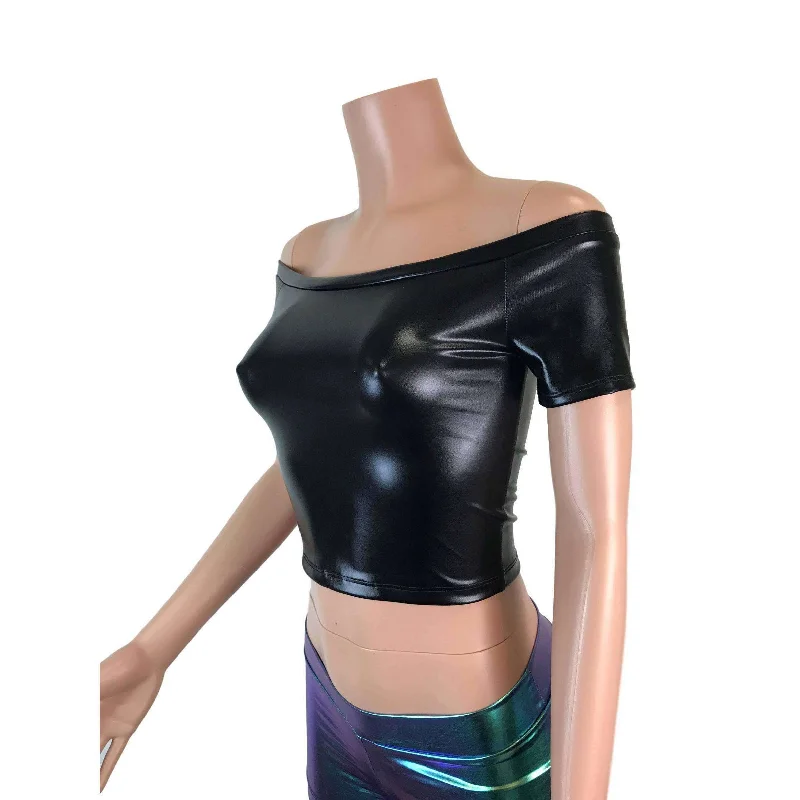 Cold Shoulder Top - Black Metallic ""Wet Look""