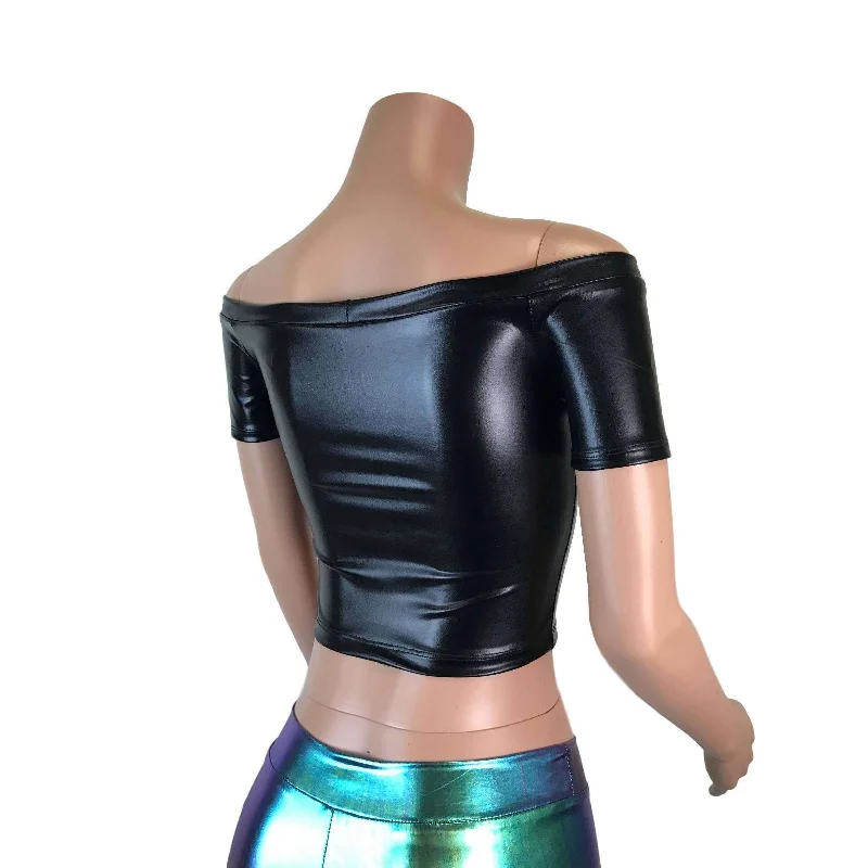 Cold Shoulder Top - Black Metallic ""Wet Look""