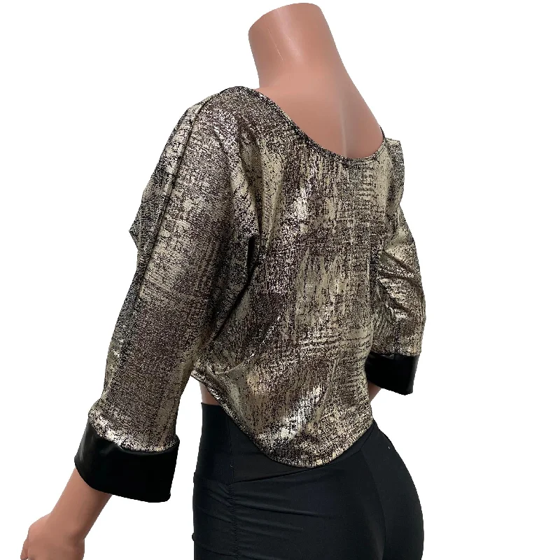 Dolman Crop Top in Black/Gold Mesh Sheer Loose Tee Rave Top