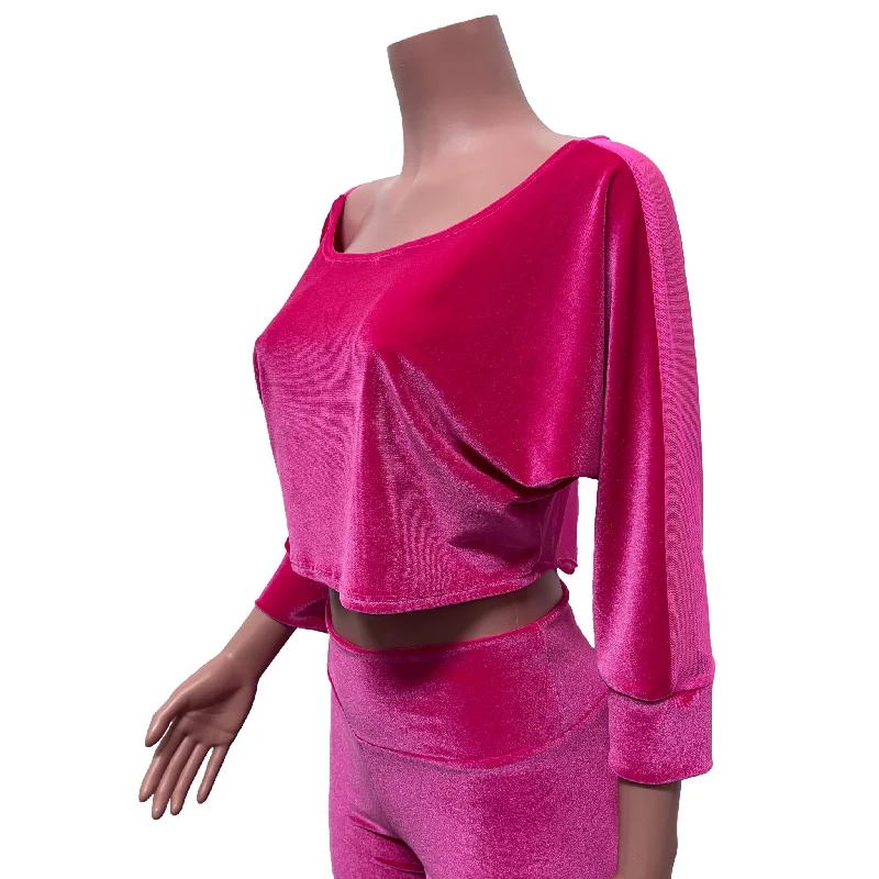 Dolman Crop Top in Hot Pink Velvet and Pink Mesh