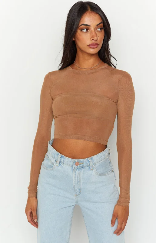 Evermore Beige Mesh Long Sleeve Top