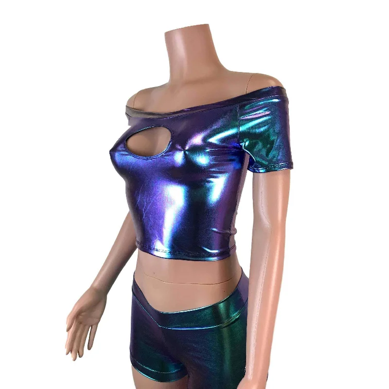 Cold Shoulder Keyhole Top - Oil Slick Holographic