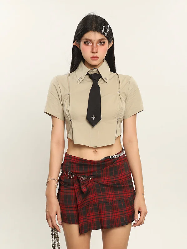 Kelsy Solid Color Stitching Design Cropped Office Shirt Top + Necktie