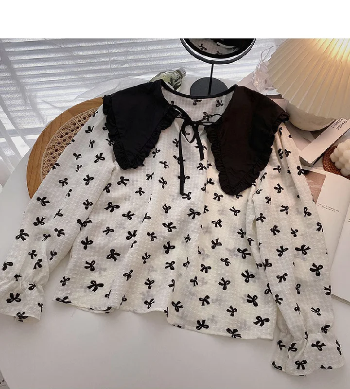 Korean minority design bow Print Long Sleeve Top  6311