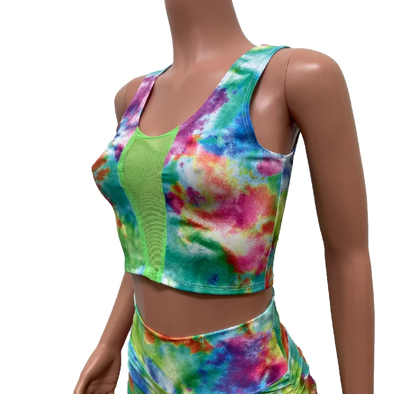 Mesh Inset Crop Tank Top - Watercolor Spandex w/ Neon Green Mesh