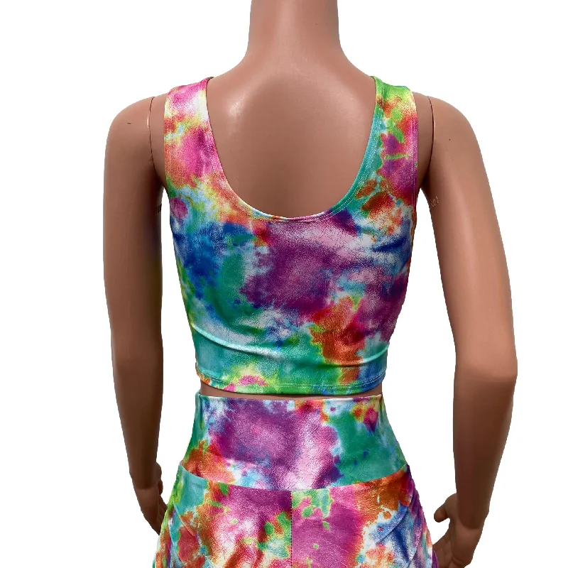 Mesh Inset Crop Tank Top - Watercolor Spandex w/ Neon Green Mesh