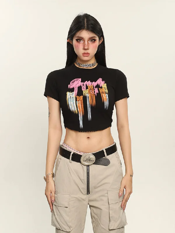 Neon Butterfly Graphic Image Print Short Sleeve Cropped Top & Tee