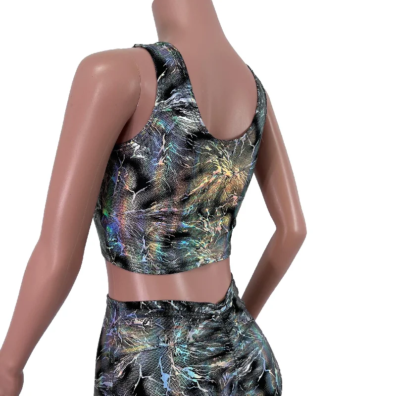 Ruched Crop Tank Top - Silver on Black Cracked Ice Holographic