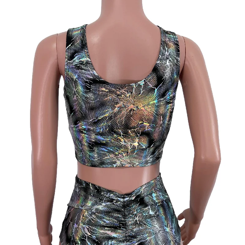 Ruched Crop Tank Top - Silver on Black Cracked Ice Holographic