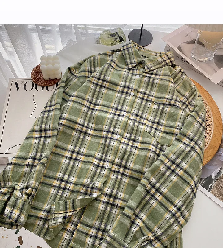 Slouchy Vintage Plaid Shirt Long Sleeve Top  6298