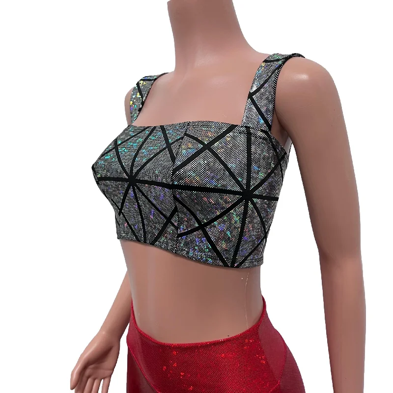 Wide Strap Square Neckline Crop Top - Silver Glass Pane Holographic