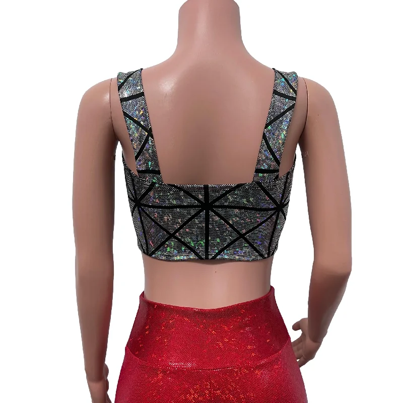 Wide Strap Square Neckline Crop Top - Silver Glass Pane Holographic