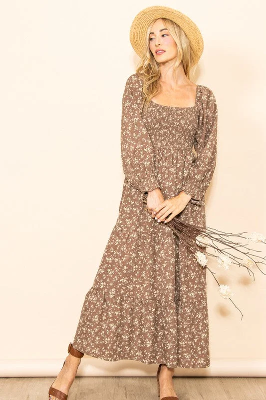 Floral Square Neck Maxi Dress in Mocha Style 1171