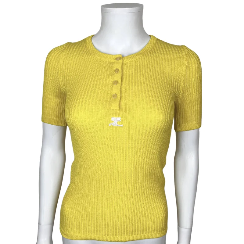 1970s Vintage Courreges Top Yellow Ribbed Knit Ladies Size S