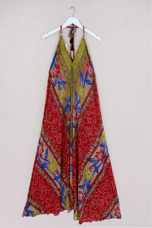 Athena Maxi Dress - Vintage Sari - Scarlet & Lime Blossom - M to XL