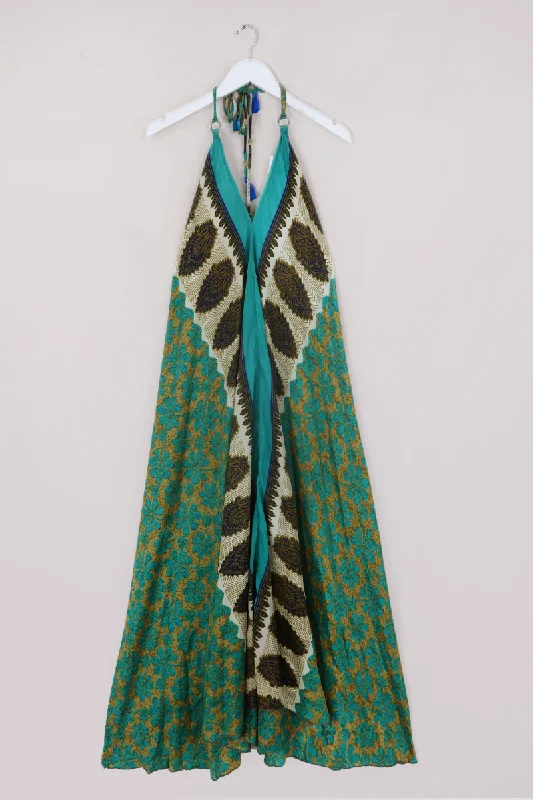 Athena Maxi Dress - Vintage Sari - Muted Jade Daisies - S to L