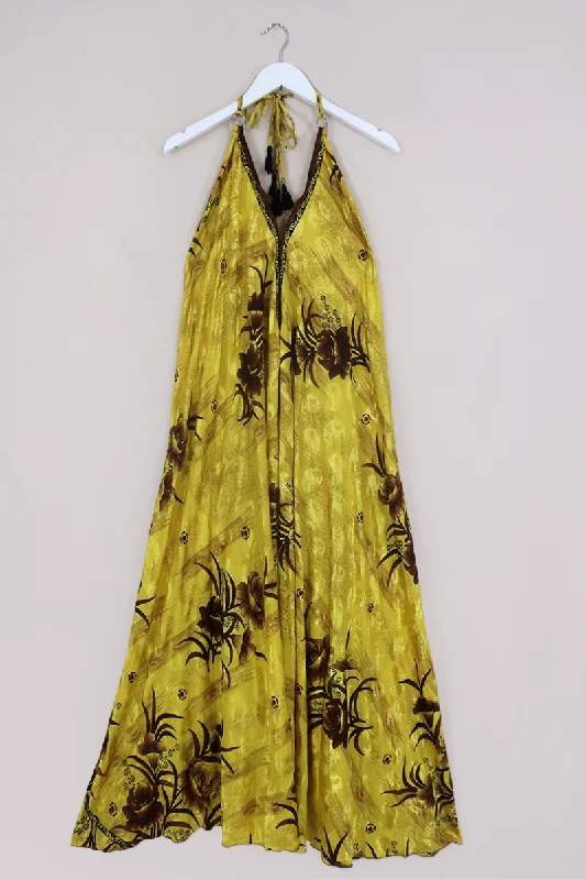 Athena Maxi Dress - Vintage Sari - Marigold & Sepia Floral - S to L