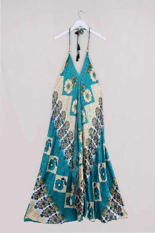 Athena Maxi Dress - Vintage Sari - Mottled Teal & Tan Wildflower - M to L/XL